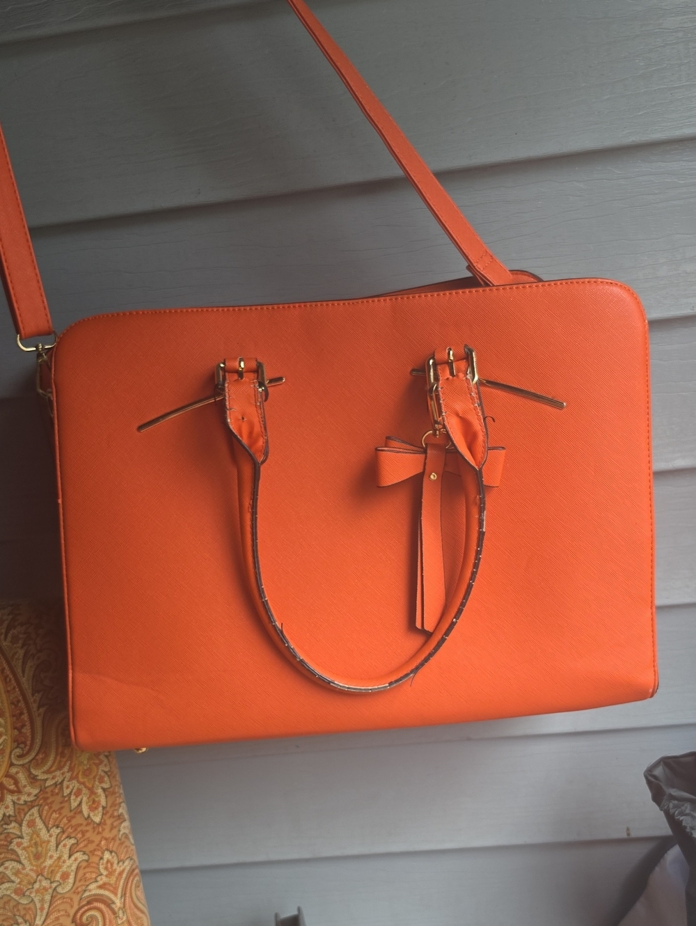 Structured Orange Laptop Tote with Bow Accent